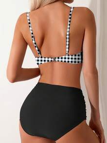 Bộ bikini cạp cao phong cách Bohemian, áo croptop quấn in họa tiết kẻ caro, dây mảnh, đồ bơi co giãn. - răng chó - Xem 2