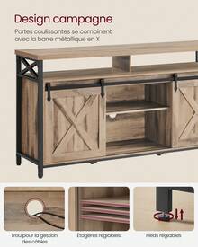 VASAGLE Meuble TV, Support pour Téléviseur Jusqu'à 65 Pouces, avec Étagères Réglables, Portes Imitation Grange, Style Rustique, Cadre en Métal, Marron Camel et Noir Simple - Marron Camel et Noir Simpl - Voir 5