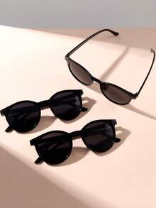 3pcs/Set Korean Vintage Full Frame Round Fashion Glasses - Black - View 3