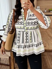 Plus Size Random Print Geometric Pattern 3/4 Sleeve Blouse - Multicolor - View 1