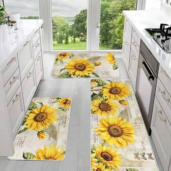 防滑向日葵图案厨房垫 - 耐油、防水、水晶天鹅绒材质、可机洗、防污 - 适用于入口、客厅、洗衣房、浴室等 - 春夏装饰