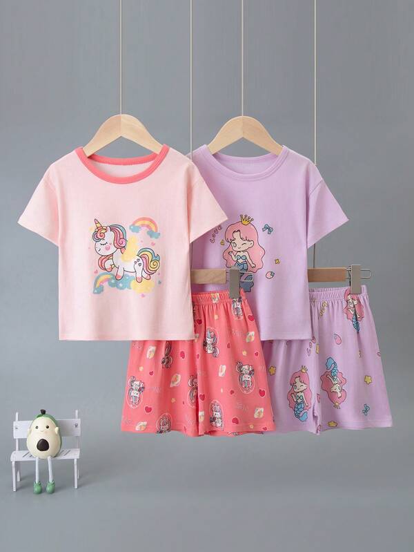 Set de 4 piezas de pijama para niñas con estampado de unicornio y sirena - Camiseta de manga corta y shorts, de algodón puro, delgado, apto para verano