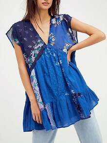 Women's Boho Mini Dress Y2k Floral Print Deep V-Neck Puff Sleeve Short Dress 2025 Summer Loose Beach Sundress - Blue - View 4