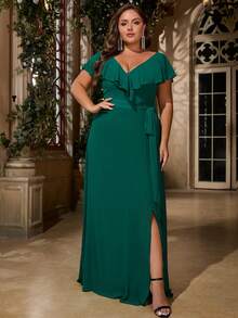 Women Plus Size Ruffle V-Neck Split A-Line Bridesmaid Dress Cocktail Party Evening Formal Event - Dark Green - View 3
