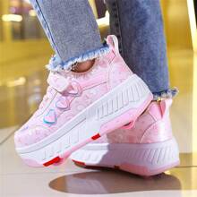 Mini 4-Wheel Shoes With Butterfly Decal On Upper, TPR Detachable Wheels On Sole, Quick For Sliding And Walking, All-Season Roller Shoes