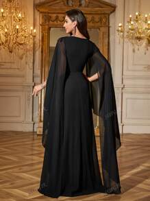SUPGIR Vestido de mujer de cuello redondo, mangas tipo murciélago, cintura fruncida, ajuste delgado. Vestido de noche formal altamente decorado con perlas, con abertura alta en el bajo, para invitada de boda, vestido de fiesta.