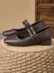 Women's 3cm Cloth Covered Heel Black Fashion Versatile Navy Blue Seasonal Coffee Mary Jane Wine Red Chunky Heel Flats