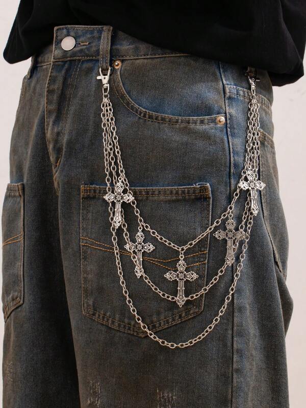 1pc Men's Cross Pendant Multilayer Tassel Metal Fashion Accessory, Hip-Hop Punk Style Belt Chain, Retro Waist Decor, Jewelry Accessory For Daily, Party, Holiday Gift