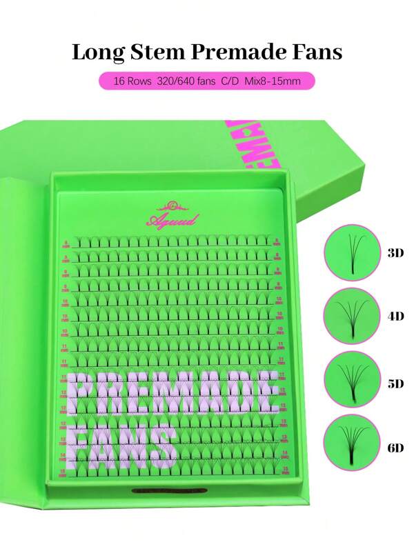 320/640 Fans Long Stem 3D/4D/5D/6D XL Lash Trays 16 Rows C&D Curl Promade Lash Extensions Natural Fluffy Effect 0.07mm Mix8-15mm Pro Made For Natural Classic Volume Hybrid Set High-Quality Premade Eye Lash Fans Eyelash Extensions Cashmere Velvet Pre Made Fans