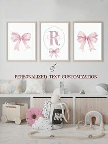 3 Pcs Custom Name Wall Art Poster Personalized Name Pink Bow Print Painting Modern Print Picture Lovely Hanging Picture Bedroom Wall Decoration Girls Room Decor Birthday Gift No Frame,Home Harmony,Xmas Decoration,For Housewarming - Pink - View 14