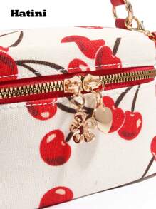 Mini sac bandoulière à chaîne, sac à main en patchwork imprimé, sac boîte mignon à motif cerise, petit sac seau adorable, sac polivalent d'épaule et de messager, convient pour le bureau, les déplacements, les rendez-vous, les courses, les vacances, la plage, les festivals de musique, les fêtes