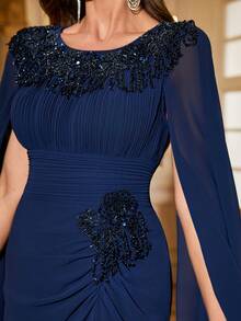 SUPGIR Women's Round Neck Caped Sleeve Pleated Waist Slimming Elegant Long Dress With Handcrafted Pearl Embellished Ruffle & High Slit Dress, Suitable For Evening Gowns, Formal, Party Dress, For Wedding Guest - Navy Blue - View 4