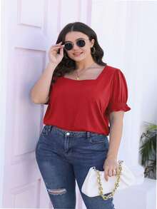 hupos Women's Casual Square Neck Short Sleeved Summer T-Shirt - Đỏ - Xem 4