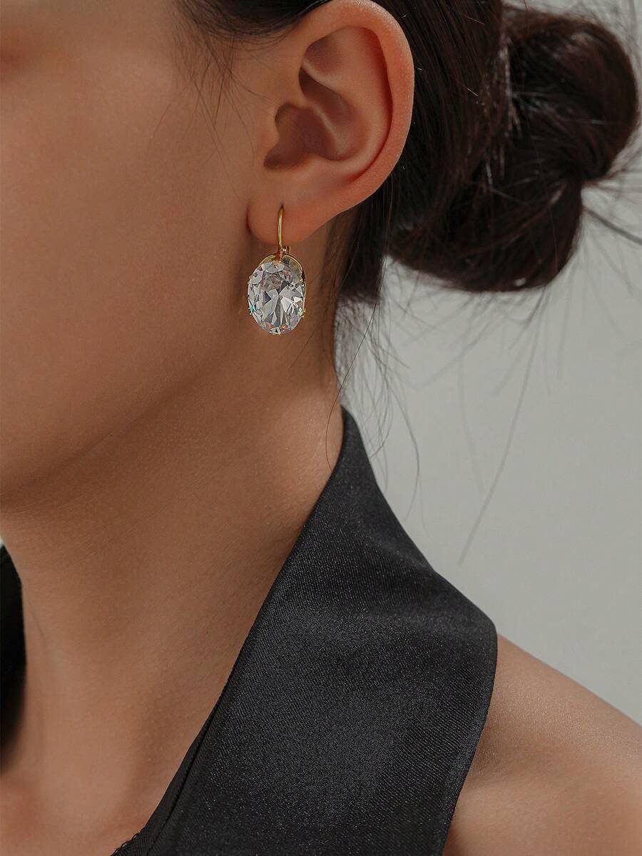 1 Pair Bling Bling Big Oval Cubic Zirconia Hoop Earrings For Women Jewelry Gift - Vàng - Xem 1