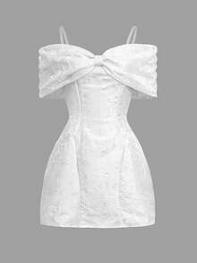 Ladies Bowknot, Off The Shoulder, Waist Cinched, Wedding Party Dress, Wedding Guest Dress - trắng - Xem 3