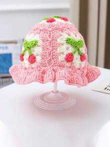 Strawberry Crochet Bucket Hat, Knit Woolen Hat, Sweet For Spring Summer Outdoor Sun Protection, Cute Japanese Style - A - View 5