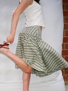 Women's Y2K Plaid Midi Skirts Low Waist Tie Up Skirt Vintage Layered Flowy Skirt Gingham A Line Skirts Aesthetic Half Skirt For Summer Streetwear - 綠色 - 查看 2