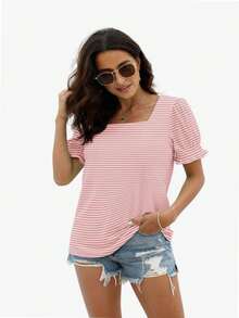 hupos Women's Casual Square Neck Short Sleeved Summer T-Shirt - Sọc hồng - Xem 4