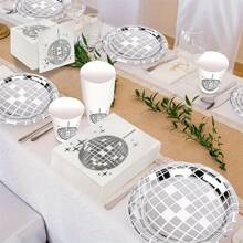 75pcs Silver Disco Party Disposable Tableware Set, Includes 7-Inch Plates, Cups, Napkins With Silver Disco Ball Pattern, Suitable For Disco Parties, Theme Parties, Birthdays, Events, Outdoor Gatherings, And Dining