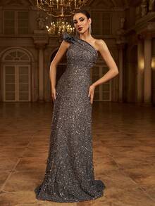 Missord Asymmetrical Neck Mermaid Hem Sequin Formal Dress Elegant Prom Evening Wedding Guest Gown, For Graduation, Dinner Party Dress - Dusty Blue - View 4