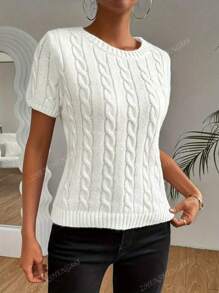 Short Sleeve Solid Color Knitted Casual Fabric With Cable Knit Pattern, Spring/Summer