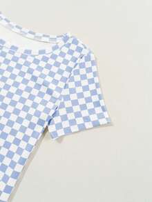 Acelitt Summer Colorblock Checkerboard Print Ribbed Fitted Crew Neck Short Sleeve T-Shirt Casual - Baby Blue - View 7