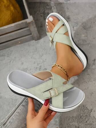 Women's Chunky Platform Sandals With Crossed Straps, Comfortable Cushioned Soles, New Casual Summer Outdoor Waterproof Wedge Slip-On Fashion Beach Adjustable Buckle Slides