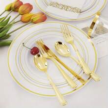 50pcs Set Gold/Silver/Rose Gold/White Ivory Party Plates, Variety Of Colors, Dessert Plates, Salad Plates, 10.25-Inch And 7.5-Inch Dinner Trays, Suitable For Halloween, Christmas, Wedding, Party, Dinner