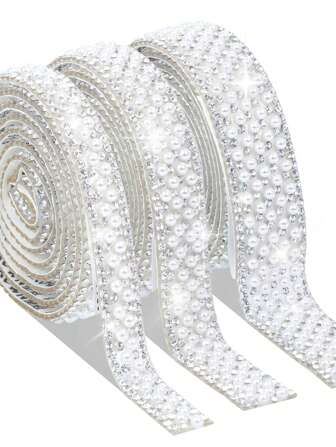 1 Roll Of Pearl Stickers, Self-Adhesive Pearl Rhinestone Ribbon, Pearl Wrapping Roll, Crystal Pearl Strip, 3mm Ivory White Pearl Inlay Tape, Diamond Bead Rhinestone Glitter Tape Stickers, DIY Wedding, Birthday Party Crafts, Car Decoration