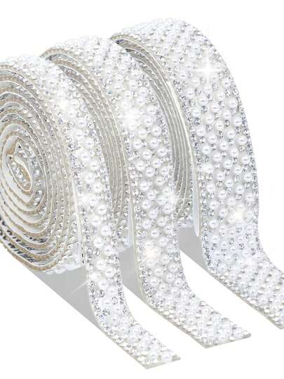 1 Rollo de Pegatinas de Perlas, Cinta Autoadhesiva de Perlas y Rhinestone, Rollo de Envolver con Perlas, Tira de Perlas de Cristal, Cinta Incrustada de Perlas Marfil Blanco de 3mm, Cinta Adhesiva con Diamantes, Perlas y Brillo, Manualidades para Boda, Fiesta de Cumpleaños, Decoración de Coche