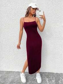 Viscolycra Spaghetti Strap Dress With Side Slit - Gỗ đỏ - Xem 1