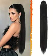 18 Inch Ponytail Hair Extensions, Drawstring Long Straight Synthetic Hairpiece, Natural Soft Clip-In Hair Extensions - Dark Brown - Multicolor - View 7