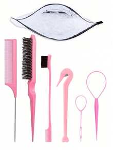 7pcs Hairdressing Styling Set, Including 2 French Weaving Tools, 1 Pointed Tail Comb, 1 Hook Removal Brush, 1 Double Ended Comb, 1 Portable Rubber Band Remover, And 1 Pack Of 1000 Rubber Bands, Headband Tool Set, Weaving Tool Ring - Multicolor - View 1