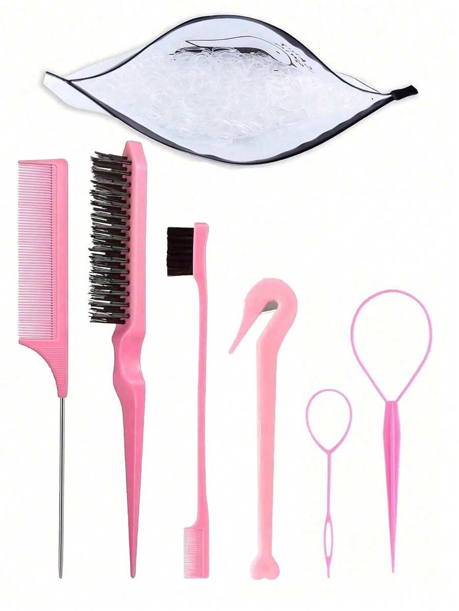 7pcs Hairdressing Styling Set, Including 2 French Weaving Tools, 1 Pointed Tail Comb, 1 Hook Removal Brush, 1 Double Ended Comb, 1 Portable Rubber Band Remover, And 1 Pack Of 1000 Rubber Bands, Headband Tool Set, Weaving Tool Ring - Multicolor - View 1