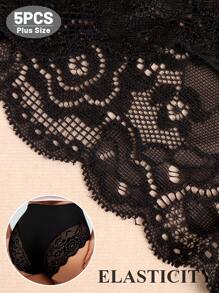 MEIYATING Set de 5 piezas de ropa interior de encaje de talla grande para mujeres, pantis moldeadores de cintura alta con diseño de recorte floral, sin costuras y transpirables