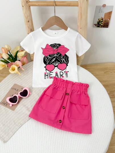 2 Stücke/Set Mädchen T-Shirt mit Kopfaufdruck und einfarbiger Mini Rock Lässig Outfit