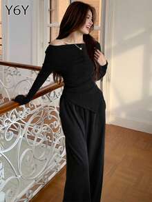 [Y6Y] 露肩不对称长袖上衣+长直筒裤，两件套休闲办公室装