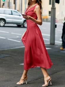 Women's Elegant Solid Color Button Low Waist Patchwork Midi Dress - Red - View 6