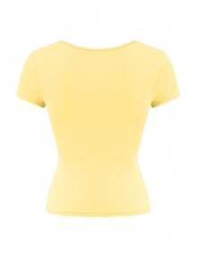 Vaiaye Women's Solid Color Knit Square Neck Sexy Slim Fit Y2K Short Sleeve T-Shirt, Spring/Summer Activewear Top, Suitable For Valentine's Day - Yellow - View 4