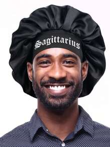 1pc Men Satin Sleep Bonnet - Soft Hair Protection Cap With Wide Band For Nighttime & Daily Use, Black With White Print, Hair Bonnet For Sleeping