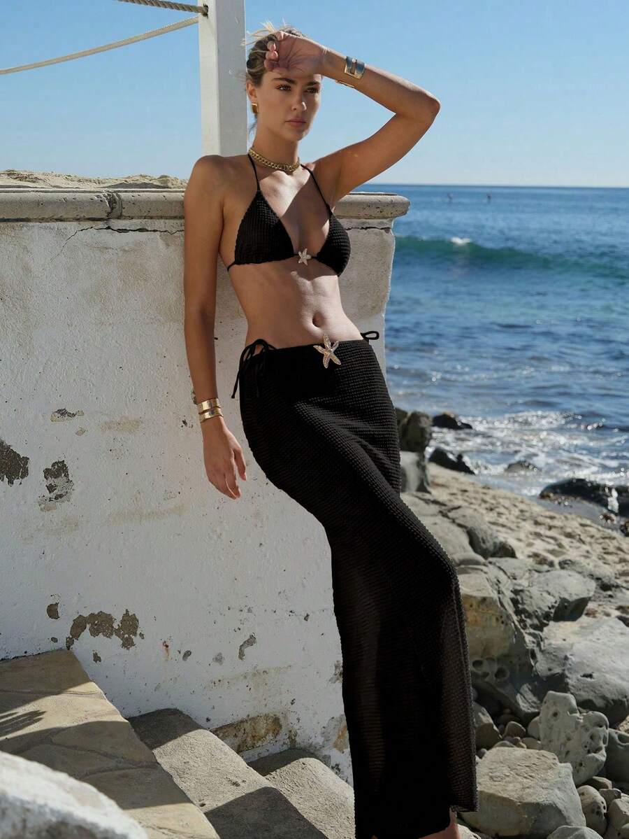 New Sexy Black Knitted Starfish Women's Bikini Swimsuit, Casual European And American Style For Beach, Holiday, Party, Date In Spring/Summer - Black - View 1