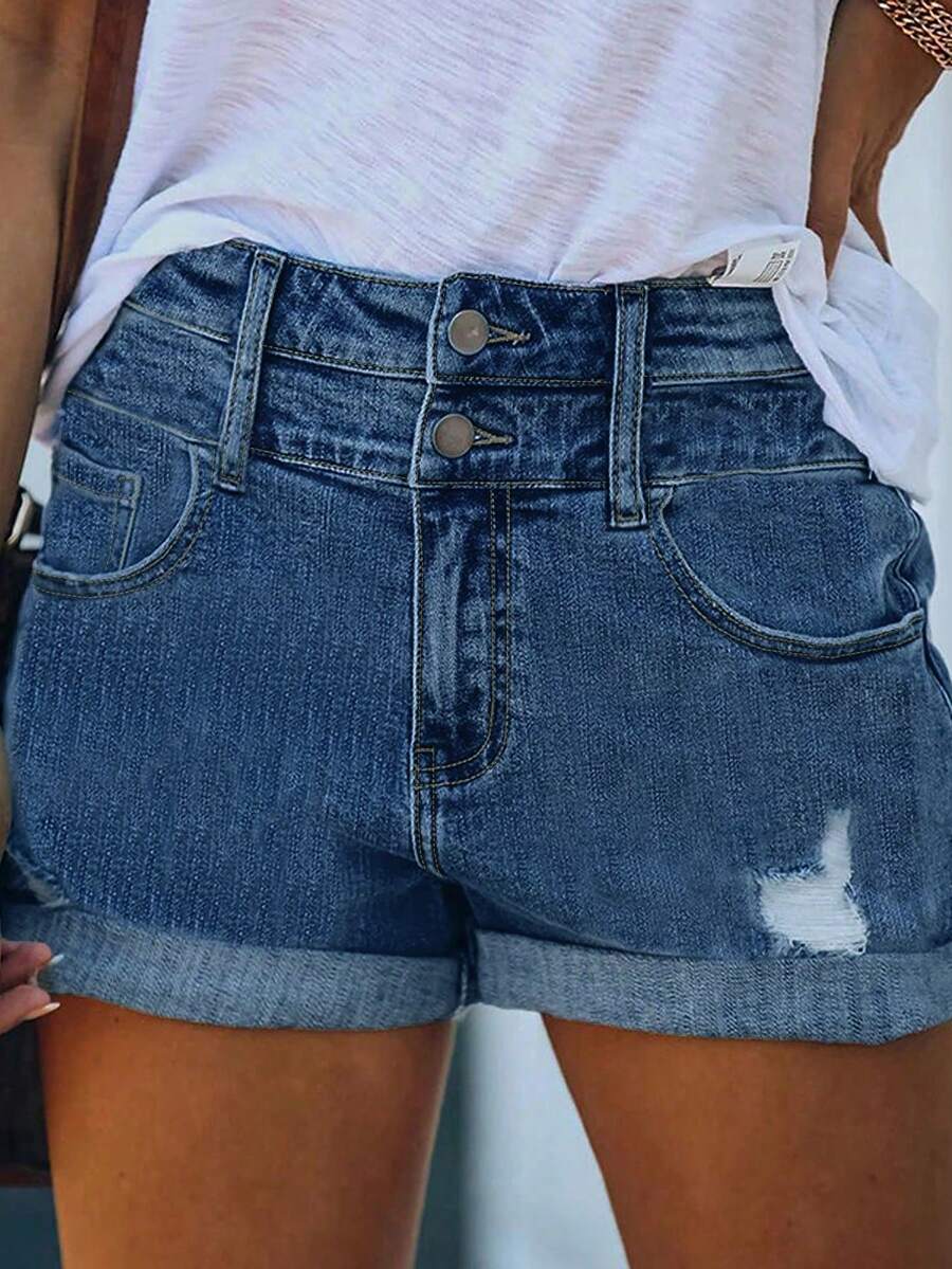 Women's Ripped Hem Double Button Casual Basic Denim Shorts - Dark Wash - View 1