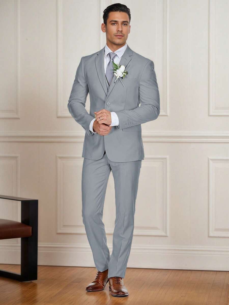 3 Piece Men's Suits Slim Fit Mens Suit Tux Blazer Vest Pants Wedding Suits Man Tuxedo For Men Long Sleeves, Machine Washable, Spring/Fall - 銀色 - 查看 1