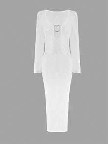 Đầm maxi dài tay, vai thẳng, cổ chữ V khoét sâu, khóa cài, xẻ cao, màu trơn, thanh lịch, gợi cảm dành cho nữ, chất liệu dệt kim, thích hợp mặc đi biển, áo khoác ngoài rộng rãi cho áo tắm, áo che bikini móc len, màu trắng cho kỳ nghỉ xuân/hè/thu. - trắng - Xem 6