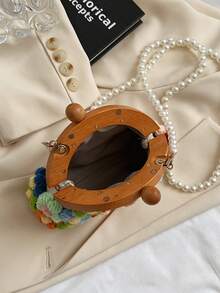 Cute Crochet Floral Pearl Chain Strap Fashion Seashell Mini Crossbody Bag, Colorful - White - View 3