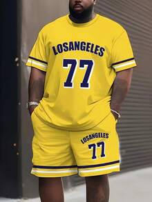 Men'S Plus Size Casual Sports T-Shirt And Shorts Set, Gradient Color Print, Crew Neck, Knit Fabric Spandex, Slight Stretch, Regular Fit, 150g - Multicolor - View 1