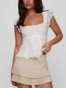 Women's Summer Slim Crop Tops Cute Flying Sleeve Square-Neck Shirt Tie Bow Front Jacquard T-Shirt For Streetwear Casual Going Out Tops