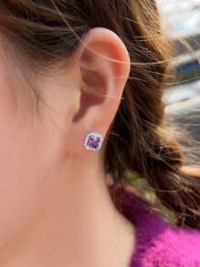 1 Pair 925 Sterling Silver Purple Amethyst Cubic Zirconia Square Stud Earrings For Women, Fine Jewelry Wedding Bridal Party Accessories, Holiday Gift