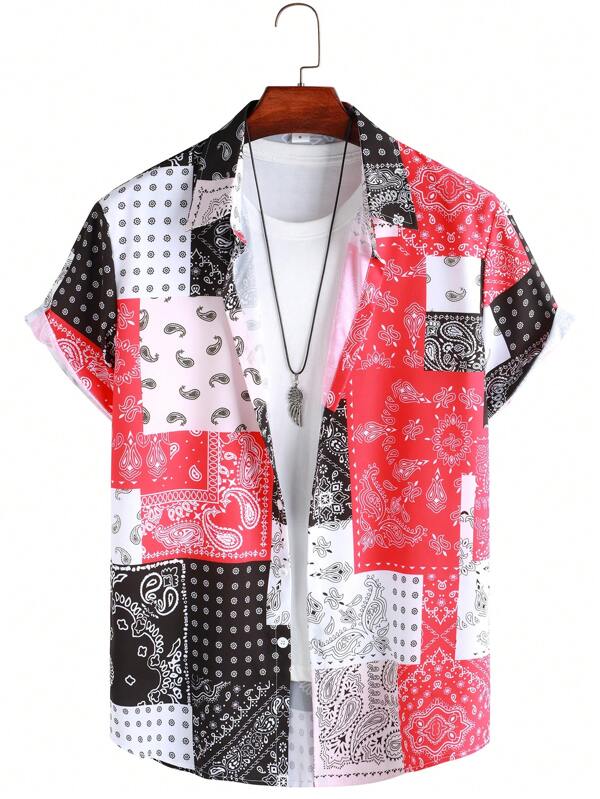 Chemise à boutons pour homme, mode asymétrique à patchwork avec imprimé fleur de cajou sur tout le vêtement, chemise de vacances décontractée à manches courtes
