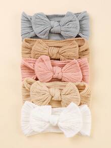 5pcs Soft & Skin-Friendly Solid Color/Stripe Print Cute Bow Baby Headbands, Spring/Autumn - Multicolor - View 3